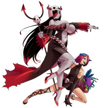 1boy 1girl bident black_dress black_hair black_nails blue_eyes breasts colored_skin cornucopia crossdressing crossdressing_(mtf) dress elbow_gloves fake_horns fingernails fire_emblem fire_emblem_heroes food fruit full_body gloves greek_mythology grey_skin hades_(wanderjegson) hair_over_one_eye helmet high_heels holding holding_polearm holding_weapon horned_helmet horns husband_and_wife large_breasts long_hair multicolored_hair nail_polish navel nintendo open_mouth original outstretched_arm parody persephone_(wanderjegson) pink_hair plunging_neckline polearm purple_hair red_hair red_shoes sharp_teeth shoes short_dress short_hair side_slit skull-shaped_hat skull_belt skull_on_head sleeveless sleeveless_dress smile teeth trap two-tone_hair underboob wanderjegson weapon