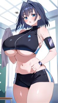 1girl absurdres arm_strap artist_name bare_shoulders bench black_hair black_shorts blue_eyes blush breasts ceiling ceiling_light cellphone commentary copyright_logo crop_top day earbuds earphones english_commentary hair_intakes hand_towel hand_up highres holding holding_towel hololive hololive_english indoors large_breasts locker logo looking_at_viewer midriff navel o-rindou5100 open_mouth ouro_kronii phone short_hair short_shorts shorts sidelocks smartphone solo sportswear standing sweat thighs towel underboob virtual_youtuber watch window wristwatch
