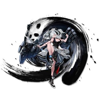 1girl :d alpha_transparency animal_ears arknights black_coat black_dress black_hair black_shoes black_socks breasts brown_eyes china_dress chinese_clothes cleavage cleavage_cutout clothes_around_waist clothing_cutout coat dress duffel_coat elbow_rest fang fangs feater_(arknights) feater_(elite_ii)_(arknights) full_body hair_between_eyes hair_over_one_eye hand_in_pocket head_tilt highres infection_monitor_(arknights) jacket jacket_around_waist kung_fu large_breasts leg_up long_hair long_sleeves looking_at_viewer mechanical_arms multicolored_coat multicolored_hair official_art open_clothes open_coat open_mouth panda panda_ears ran_(bukeranwu) shield shoes sidelocks skin_fang smile sneakers socks solo streaked_hair tachi-e thigh_strap toned transparent_background two-tone_coat two_side_up v white_coat white_hair