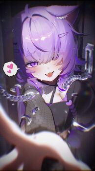 1girl :3 :d absurdres ahoge animal_ear_fluff animal_ears black_shirt black_shrug blurry blurry_background breasts broken broken_chain cat_ears cat_girl chain cleavage commentary_request criss-cross_halter door_chain fang hair_over_one_eye halterneck heart highres hololive large_breasts long_hair looking_at_viewer nekomata_okayu nekomata_okayu_(gyaru) official_alternate_costume official_alternate_hairstyle open_mouth pov purple_eyes purple_hair reaching reaching_towards_viewer shirt shrug_(clothing) smile solo spoken_heart virtual_youtuber yusha_(lv1_yusha_522)