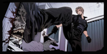 1boy beard_stubble belt black_belt black_border black_gloves black_pants black_shoes blood border brown_hair ceiling collared_shirt commentary_request curtains facial_hair gloves guro harness holding holding_weapon indoors kicking korean_commentary leon_s._kennedy male_focus nosebleed open_collar open_mouth pants parted_hair resident_evil resident_evil_requiem shirt shoes short_hair standing standing_on_one_leg stubble teeth tile_ceiling tiles umbrella_rpd weapon wing_collar zombie