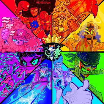 2girls 6+boys absurdres afro antlers artist_name axe bandana blood blood_on_face blue_fire blunt_bangs bottle brook_(one_piece) chest_tattoo color_wheel_challenge commentary cotton_candy cross crown extra_arms fire food franky_(one_piece) glint halo hana_hana_no_mi hat heneryque highres holding holding_axe holding_bottle holding_cotton_candy holding_food horns ifrit_jambe leg_hair long_nose middle_finger monkey_d._luffy multiple_boys multiple_drawing_challenge multiple_girls nami_(one_piece) nico_robin one_eye_closed one_piece reindeer_antlers roronoa_zoro sanji_(one_piece) sideburns skeleton sleeping squeans straw_hat_pirates tattoo thumbs_up tony_tony_chopper usopp weapon_in_mouth zzz