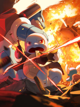 Rule 34 | absurdres, blastoise, clenched teeth, clothed pokemon, coat, commentary request, evolutionary line, fire, gen 1 pokemon, highres, hoishere7, holding, nintendo, no humans, open clothes, open coat, open mouth, pokemon, pokemon (creature), pokemon focus, red eyes, squirtle, squirtle squad, standing, sunglasses, teeth, wartortle