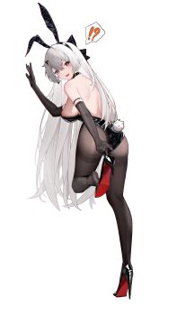 Rule 34 | !?, 1girl, @ @, absurdres, animal ear hairband, animal ears, back, backless leotard, backless outfit, bare shoulders, bat hair ornament, black bow, black gloves, black pantyhose, black shoes, blush, bow, breasts, chinese commentary, commentary request, elbow gloves, fake animal ears, from behind, gloves, hair between eyes, hair bow, hair ornament, hairband, high heels, highres, honkai (series), honkai impact 3rd, kyky (-kyky), large breasts, leotard, looking at viewer, looking back, luna (honkai impact), open mouth, pantyhose, rabbit ear hairband, rabbit ears, rabbit tail, red eyes, shoes, shoulder blades, simple background, solo, spoken interrobang, tail, thighband pantyhose, white background