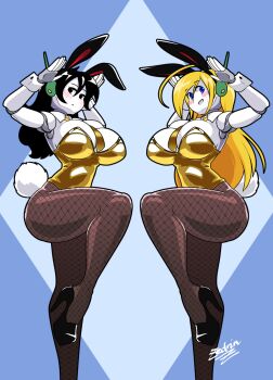 2girls animal_ears arms_up between_breasts black_eyes black_hair black_shoes blonde_hair blue_background blue_eyes blush breasts brown_pantyhose closed_mouth clothes_between_breasts collar commentary curly_brace doukutsu_monogatari english_commentary fake_animal_ears fake_tail fishnet_pantyhose fishnets genderswap genderswap_(mtf) golden_week highres large_breasts leg_up leotard long_hair looking_at_viewer multiple_girls necktie necktie_between_breasts open_mouth pantyhose playboy_bunny quote_(cave_story) rabbit_ears rabbit_pose rabbit_tail reflection robot_ears robot_girl shoes short_necktie signature simple_background smile strapless strapless_leotard tail thick_thighs thighs white_collar white_wrist_cuffs wrist_cuffs yellow_leotard yellow_necktie zedrin