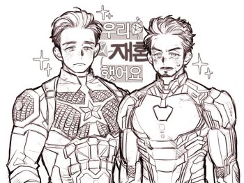 2boys animification arc_reactor armor avengers:_endgame avengers_(series) bodysuit captain_america closed_mouth commentary_request dishing facial_hair full_armor gem iron_man korean_commentary korean_text looking_at_viewer male_focus marvel marvel multiple_boys power_armor short_hair simple_background sparkle standing star_(symbol) steve_rogers superhero_costume sweatdrop tony_stark v-shaped_eyebrows