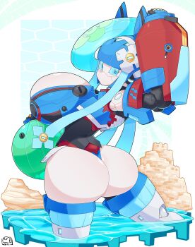 1girl animal_ears armor ass ball beach beachball blue_eyes blue_hair blunt_bangs breasts cat_ears commentary commission cropped_legs headband highres holding holding_ball holding_beachball huge_breasts humanoid_robot innertube jet_(jetngs) kni-droid leotard long_hair long_sidelocks looking_back mechanical_arms no_mouth original phantasy_star phantasy_star_online_2 robot robot_girl sand_castle sand_sculpture second-party_source sidelocks signature skeb_commission solo swim_ring water white_background