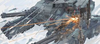 621_(armored_core_vi) absurdres armored_core armored_core_vi:_fires_of_rubicon cataphract_(armored_core_vi) caterpillar_tracks dual_wielding fighting flying gatling_gun glowing glowing_eye highres holding laser_cannon loader_4 mecha mecha_focus military_vehicle minigun missile missile_pod missile_trail muscle_tracer_(armored_core) no_humans nslacka one-eyed pile_bunker snow
