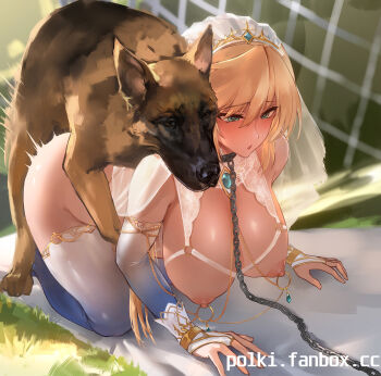 1girl all_fours animal artist_name bare_shoulders bdsm bestiality blonde_hair blue_eyes blue_thighhighs blush bra breasts bridal_gauntlets bridal_veil bride chain chain_leash collar commentary_request commission cupless_bra day dog doggystyle functionally_nude german_shepherd gradient_legwear hanging_breasts highres large_breasts leash linked_piercing long_hair nipple_chain nipple_piercing nipple_rings nipples o-ring original outdoors panties parted_lips piercing pixiv_commission polki see-through_clothes sex sex_from_behind slave solo sunlight thighhighs tiara underwear veil watermark web_address white_panties white_thighhighs