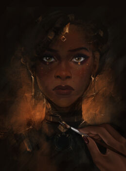 1girl absurdres arcane:_league_of_legends brown_background brown_eyes brown_hair close-up closed_mouth commentary dark-skinned_female dark_skin dreadlocks earrings english_commentary eyeshadow formal_clothes glitter_makeup hair_ornament hair_up highres holding holding_paintbrush jewelry league_of_legends makeup mel_(league_of_legends) paintbrush painting_(object) pov raviollies red_lips shade solo suit upper_body
