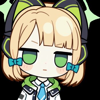 1girl :| animal_ear_headphones animal_ears animated animated_gif aqua_necktie black_background blonde_hair blue_archive blunt_bangs blunt_ends blush_stickers bow buttons cat_ear_headphones cat_ears chibi chibi_only chunye_haruya closed_mouth collared_shirt commission d: dot_nose fake_animal_ears green_bow green_eyes green_halo green_jacket hair_bow halo headphones hood hooded_jacket jacket jitome looking_at_viewer low-tied_sidelocks lowres medium_hair midori_(blue_archive) missing_commentary multicolored_jacket necktie no_pupils open_clothes open_jacket open_mouth parted_bangs parted_lips school_uniform second-party_source shirt sidelocks simple_background solo transparent_background upper_body white_jacket white_shirt