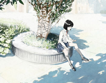 1girl 7ife black_hair black_shoes black_skirt black_socks bush cellphone collared_shirt commentary day english_commentary grey_sweater_vest highres holding holding_phone necktie original outdoors painting_(medium) phone pleated_skirt red_necktie shade shirt shoes short_hair skirt smartphone socks solo sweater_vest traditional_media tree watercolor_(medium) white_shirt