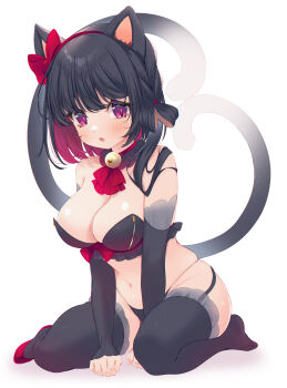 1girl absurdres animal_ears bare_shoulders bell between_legs black_hair black_panties black_sleeves black_thighhighs bow breasts cat_ears cat_girl cat_tail cleavage commentary_request detached_sleeves ear_bow full_body garter_straps halloween hand_between_legs highres jingle_bell ko_yu large_breasts long_sleeves looking_at_viewer multicolored_hair navel neck_bell nekomata no_shoes original panties plump purple_eyes red_bow red_hair red_shoes shadow shoes simple_background single_shoe skindentation sleeves_past_wrists solo tail thighhighs two-tone_hair underwear white_background