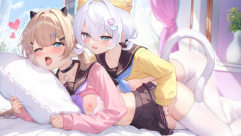 2girls absurdres ahegao aqua_eyes black_choker black_sailor_collar black_skirt blue_eyes blue_neckerchief breasts cat_girl cat_tail choker closed_mouth clothes_lift commentary english_commentary fingering hair_between_eyes hair_ornament heart heart-shaped_pupils highres kuroida long_hair long_sleeves looking_at_another looking_at_viewer low_twintails lying multiple_girls neckerchief nipples no_panties no_pants on_stomach open_mouth original pillow pink_shirt purple_neckerchief pussy_juice sailor_collar school_uniform shirt shirt_lift skirt small_breasts smile symbol-shaped_pupils tail tongue tongue_out trembling twintails white_hair yellow_shirt yuri