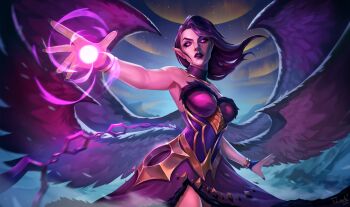 1girl absurdres artist_name bare_shoulders breasts commentary dress english_commentary floating_hair highres holding holding_orb large_breasts league_of_legends long_hair morgana_(league_of_legends) multiple_wings orb pointy_ears purple_dress purple_hair solo tofusenshiart wings