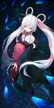 1girl absurdres bare_shoulders black_background black_kimono blue_eyes blue_fire breasts cho_kaguya-hime! cleavage commentary_request fire full_body hair_ornament hair_rings hair_stick highres japanese_clothes jianjia kimono light_particles long_hair long_sleeves medium_breasts musical_note octopus open_mouth runami_yachiyo smile solo twintails very_long_hair white_hair wide_sleeves