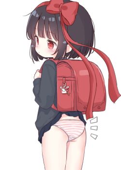 1girl accidental_exposure ass backpack bag black_hair black_shirt black_skirt blush bow clothes_lift flat_ass from_behind hair_bow highres loli miria_(mamamamave) original panties pantyshot pleated_skirt randoseru red_eyes red_ribbon ribbon school_uniform shirt short_hair skirt skirt_caught_on_object skirt_lift solo standing striped_clothes striped_panties thighs underwear