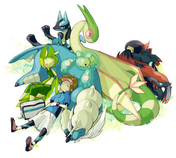 10s 1boy brown_hair flygon gen_3_pokemon gen_4_pokemon gen_5_pokemon grass green_theme jacket leavanny lucario lying male_focus nakatani nate_(pokemon) nintendo pokemon pokemon_(creature) pokemon_bw2 reuniclus samurott short_hair sleeping visor_cap watch wristwatch zoroark