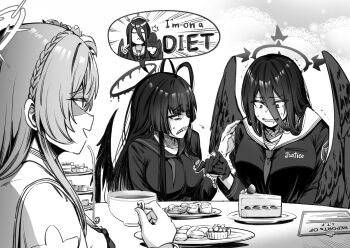 3girls antenna_hair black_wings blue_archive blunt_bangs braid cake cake_stand collarbone commentary_request crown_braid cup drooling english_text feathered_wings flower food gloves greyscale hair_between_eyes hair_flower hair_ornament halo hasumi_(blue_archive) highres holding holding_cup long_hair long_sleeves looking_at_another macaron matoba_ryou monochrome multiple_girls nagisa_(blue_archive) plate school_uniform serafuku shaded_face sharp_teeth sidelocks simple_background spoken_character strawberry_shortcake sweatdrop table tea teacup teeth trembling tsurugi_(blue_archive) wings