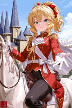 1girl absurdres aiguillette animal ascot black_pants blonde_hair bow castle closed_mouth coat commentary_request day epaulettes gloves go_8yo green_eyes highres horse idolmaster idolmaster_cinderella_girls lips long_sleeves looking_at_viewer ouji_fashion outdoors outstretched_hand pants ponytail red_coat riding riding_animal sakurai_momoka sash shoulder_sash solo tiara white_ascot white_bow white_gloves white_horse white_sash