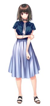 1girl amakano_2 arm_under_breasts bare_arms black_choker black_shoes blush breasts brown_hair brown_shoes choker closed_mouth full_body grey_skirt hand_on_own_arm kurohime_yuuhi large_breasts large_variant_set long_skirt looking_at_viewer medium_hair multicolored_shoes official_art piromizu pleated_skirt red_eyes shirt shoes short_sleeves simple_background skirt smile solo standing tachi-e two-tone_shoes variant_set white_background