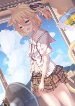 Rule 34 | 1girl, absurdres, animal ears, belt, blonde hair, blue eyes, blush, breasts, brown skirt, buttons, calendar (object), cat, cat ears, cat girl, cat tail, cloud, collarbone, dutch angle, electric fan, fanning, hair ornament, hair ribbon, half-closed eyes, highres, hot, looking down, miniskirt, navel, neck ribbon, one side up, open belt, open mouth, original, partially unbuttoned, plaid clothes, plaid skirt, red ribbon, ribbon, sailor collar, school uniform, see-through clothes, serafuku, short hair, skirt, sky, small breasts, solo, standing, summer, sweat, sweaty clothes, tail, ukiwakisen, untied ribbon, white sailor collar, white serafuku, wind chime