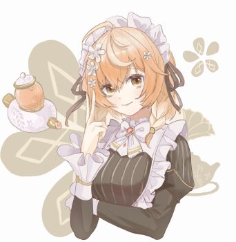 1girl ahoge black_dress bow bowtie braid brooch brown_eyes closed_mouth commentary_request cropped_torso dress flower frilled_dress frills gem hair_between_eyes hair_flower hair_ornament hand_up highres jewelry klara_charmwood klara_charmwood_(1st_costume) long_sleeves looking_at_viewer maid maid_headdress medium_hair nijisanji nijisanji_en oneyife1 orange_hair red_gemstone smile solo twin_braids v virtual_youtuber white_bow white_bowtie