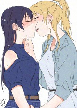 2girls adversarial_noise ayase_eli black_hair blonde_hair blue_shirt blush closed_eyes clothing_cutout commentary_request dress grey_dress hand_on_another's_neck highres holding_another's_wrist imminent_kiss long_hair love_live! love_live!_school_idol_project multiple_girls open_mouth partial_commentary ponytail shirt shoulder_cutout signature simple_background sonoda_umi surfacedxxc white_background yuri