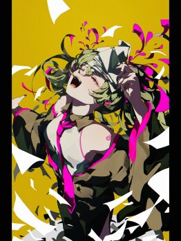 1girl black_sleeves closed_eyes commentary_request detached_sleeves facing_up falling_paper floating_hair green_hair hair_between_eyes hatsune_miku headphones highres holding holding_paper long_hair long_sleeves mousou_zei_(vocaloid) necktie open_mouth outstretched_arm paper pillarboxed pink_necktie pink_trim shirt shoulder_tattoo simple_background smile solo tattoo twintails very_long_hair vocaloid white_shirt yellow_background yuyufufu