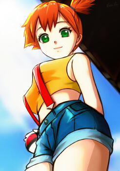 Rule 34 | 1girl, arms behind back, artist name, ass, asymmetrical hair, bare shoulders, blue shorts, breasts, closed mouth, cowboy shot, crop top, day, denim, denim shorts, female focus, green eyes, gym leader, holding, holding poke ball, looking at viewer, medium breasts, midriff, misty (pokemon), nintendo, orange hair, outdoors, poke ball, poke ball (basic), pokemon, pokemon (anime), pokemon (classic anime), ponytail, shirt, short hair, short shorts, shorts, side ponytail, sky, sleeveless, smile, solo, standing, suspender shorts, suspenders, tank top