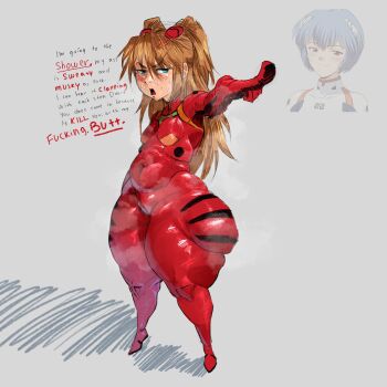 1girl :o absurdres anger_vein ass ayanami_rei blue_eyes bodysuit breasts cameltoe curvy embarrassed english_text flat_chest full_body grey_background highres interface_headset_(evangelion) kyokeer looking_at_another looking_at_viewer mecha_pilot_suit menacing neon_genesis_evangelion orange_hair plugsuit_(evangelion) plump pointing red_bodysuit small_breasts smile souryuu_asuka_langley tsundere twintails what wide_hips