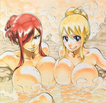 2girls :p ai-generated artist_request blonde_hair breasts cleavage erza_scarlet fairy_tail huge_breasts large_breasts long_hair looking_at_viewer lucy_heartfilia multiple_girls nude onsen red_eyes smile tongue tongue_out