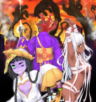 1boy 2girls ancient_egyptian armpits arms_up bald bandaged_arm bandages black_hair blunt_bangs braid breasts building china_dress chinese_clothes cleavage_cutout clothing_cutout cloud colored_skin commentary cowboy_shot dark-skinned_female dark_skin diamond_facial_mark dress energy facial_mark flat_chest geokinesis green_eyes grin hand_up height_difference high_priest_(toaru_majutsu_no_index) jiangshi large_breasts long_hair long_sidelocks looking_at_viewer magic mark_under_eye multiple_girls mummy naked_bandage navel nephtys niang-niang ofuda old old_man one_eye_closed orange_sky outdoors purple_robe purple_skin robe shin_(highest1192) sidelocks sky smile toaru_majutsu_no_index toaru_majutsu_no_index:_new_testament twin_braids undead upper_body very_long_sleeves white_dress white_hair wide_sleeves yellow_eyes