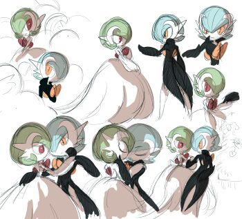 1boy 1girl alternate_color alternate_design alternate_hairstyle alternate_universe arm_behind_back ball_gown black_coat blue_hair bob_cut closed_eyes coat coattails colored_skin commentary dancing dress english_commentary facing_another gardevoir gen_3_pokemon green_hair hand_on_another&#039;s_shoulder hand_on_another&#039;s_waist heads_together highres holding_hands interlocked_fingers lampette looking_at_another mega_gardevoir mega_pokemon multiple_views nintendo offering_hand outstretched_arm partially_colored pokemon pokemon_(creature) pokemon_focus red_eyes sexual_dimorphism shiny_and_normal shiny_pokemon sketch tailcoat turning_head tuxedo unfinished waltz_(dance) white_arm_warmers white_background white_dress white_skin