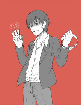1boy akabane_karma ansatsu_kyoushitsu ball_gag belt chain collared_shirt commentary_request dress_shirt gag holding holding_gag jacket limited_palette long_sleeves male_focus meipoi monochrome open_clothes open_jacket open_mouth pants red_background shirt short_hair simple_background smile solo translated unworn_gag