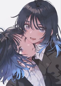 Rule 34 | 2girls, black hair, black jacket, blue hair, blush, character request, check character, closed mouth, fly (marguerite), gradient hair, grey eyes, highres, jacket, mole, mole under eye, mole under mouth, multicolored hair, multiple girls, one eye closed, open mouth, original, shirt, simple background, white background, white shirt