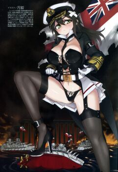 1girl :< anchor anklet armband bandaid battle battleship belt between_breasts black_hair black_necktie black_panties black_ribbon black_shoes black_thighhighs blush breasts burning cannon cleavage coat corset cross cross-laced_clothes dakku_(ogitsune) detached_collar dominatrix female_focus fire flag garter_straps genderswap genderswap_(mtf) german_flag gloves green_eyes groin hat high_heels highres holding iron_cross jewelry john_jellicoe kriegsmarine large_breasts leg_up long_hair long_sleeves mc_axis midriff military military_hat military_uniform military_vehicle naval_uniform navel necktie necktie_between_breasts night non-web_source open_clothes open_coat original outdoors panties peaked_cap pleated_skirt real_life ribbon riding_crop royal_navy ship shoes showgirl_skirt skirt sky smoke solo star_(sky) stepped_on strap text_focus thighhighs translation_request underwear union_jack united_kingdom war warship water watercraft whip white_gloves white_skirt