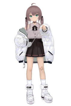 Rule 34 | 1girl, :<, absurdres, ahoge, bandaid, bandaid on knee, bandaid on leg, black choker, brown hair, choker, commentary, full body, green eyes, hair between eyes, head tilt, highres, hololive, jacket, looking at viewer, natsuiro matsuri, natsuiro matsuri (casual), open clothes, open jacket, pleated skirt, pointing, pointing at viewer, simple background, skirt, solo, standing, twintails, uturo, virtual youtuber, white background