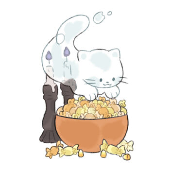 :3 blue_eyes blush bowl candle candy candy_corn candy_wrapper cat closed_mouth commentary english_commentary food ghost looking_down mjoyart no_humans original simple_background smile white_background