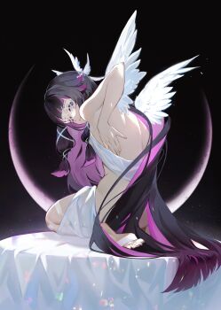 1girl bare_back columbina_(genshin_impact) genshin_impact kamui_(kurohshiro1) kneeling long_hair looking_back solo very_long_hair wings