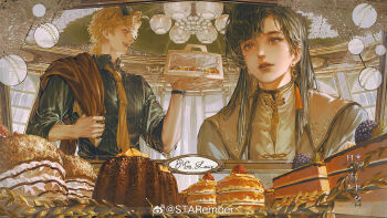 Rule 34 | 2boys, bishounen, black hair, black shirt, blonde hair, box, brown eyes, cake, cake slice, chalkboard, chandelier, chinese clothes, chinese text, collared shirt, copyright name, cream puff, cup, curtains, earrings, english text, food, fruit, grapes, highres, holding, holding box, holding food, holding unworn clothes, indoors, jewelry, long hair, long sleeves, looking at another, male focus, mandarin collar, multiple boys, necktie, open mouth, original, pancake, parted lips, pastry box, pie, plate, shirt, short hair, single earring, sleeves rolled up, smile, speech bubble, starember, strawberry, table, tassel, tassel earrings, teeth, upper body, watch, watermark, weibo watermark, white shirt, window, wristwatch, yellow necktie