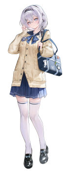 1girl absurdres badge bag bag_charm black_hairband black_shoes blue_eyes blue_ribbon blue_sailor_collar blue_skirt breasts butterfly_hair_ornament button_badge buttons charm_(object) chinese_commentary closed_mouth commentary_request crossed_bangs full_body hair_between_eyes hair_ornament hairband hairclip hand_in_own_hair hand_up head_tilt highres holding_strap light_blush long_sleeves looking_at_viewer musan_(musansansan) neck_ribbon original parallel_hairclips plaid_ribbon pleated_skirt pump ribbon sailor_collar school_uniform second-party_source shoes short_hair shoulder_bag simple_background skirt smile solo standing sweater thighhighs thighs white_background white_hair white_thighhighs white_trim x_hair_ornament