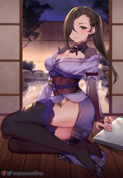 1girl alternate_costume artist_name black_thighhighs blue_sky breasts bridal_gauntlets brown_hair cleavage closed_mouth cloud cloudy_sky commentary cosplay english_commentary expressionless fire_emblem fire_emblem_heroes genshin_impact hair_over_one_eye high_ponytail highres indoors japanese_clothes kagero_(fire_emblem) large_breasts leaning_back leaning_to_the_side long_hair looking_at_viewer multicolored_eyes neck_ribbon newmoonshira night nintendo off_shoulder on_ground onsen orange_eyes ponytail raiden_shogun raiden_shogun_(cosplay) red_ribbon red_sash ribbon sash shade sky solo steam thighhighs thighs towel tree watermark