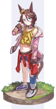 1girl animal_ears asymmetrical_clothes asymmetrical_footwear asymmetrical_legwear belt blue_eyes breasts brown_belt brown_hair closed_mouth clothes_around_waist collarbone denim ear_ornament full_body fur-trimmed_jacket fur_trim grass hair_between_eyes highres horse_ears horse_girl horse_tail horseshoe jacket jacket_around_waist jeans long_sleeves looking_at_viewer midriff mismatched_footwear narita_taishin_(nevertheless)_(umamusume) narita_taishin_(umamusume) navel pants pink_jacket shirt shoes short_hair single_pantsleg solo solokitsune standing tachi-e tail tied_shirt torn_clothes torn_jeans torn_pants umamusume uneven_legwear yellow_shirt