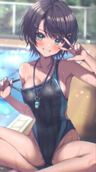 1girl absent alternate_costume barefoot blue_eyes blurry blurry_background blush breasts brown_hair clothes_pull clothes_writing commentary_request competition_swimsuit covered_navel cowboy_shot day fence grin highleg highleg_one-piece_swimsuit highres hololive indian_style jacket large_breasts looking_at_viewer off_shoulder one-piece_swimsuit one-piece_swimsuit_pull oozora_subaru open_clothes open_jacket outdoors pool poolside short_hair side_part sitting smile solo standing straight-on swept_bangs swimsuit v v_over_eye virtual_youtuber wet whistle whistle_around_neck