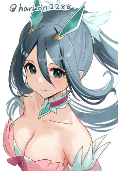 1girl bare_shoulders blue_eyes blue_hair breasts cleavage collarbone detached_collar fire_emblem hair_between_eyes hair_ornament haru_(nakajou-28) highres long_hair looking_at_viewer medium_breasts nintendo oribe_tsubasa ponytail sidelocks smile solo tokyo_mirage_sessions_fe twitter_username upper_body white_background