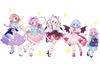 5girls aged_down animal_ears animal_print apron ascot bat_wings blue_apron blue_hair blue_kimono blue_shirt buttons child closed_mouth commentary_request commission detached_sleeves eyeball fish_print frilled_kimono frilled_shirt_collar frilled_sleeves frills full_body geta green_eyes grey_hair hair_ornament hairband hat heart heart_button heart_hair_ornament highres inubashiri_momiji japanese_clothes kimono komeiji_satori looking_at_viewer mary_janes masakamea mob_cap multiple_girls no_headwear okunoda_miyoi one_eye_closed open_mouth pink_eyes pink_hair pink_shirt pink_skirt pink_slippers purple_skirt red_ascot red_eyes red_hat red_shoes remilia_scarlet ribbon-trimmed_collar ribbon_trim saigyouji_yuyuko saigyouji_yuyuko_(tiny_ghost_mistress) sandals shirt shoes simple_background skeb_commission skirt skirt_set slippers smile socks sparkle tail tengu-geta third_eye tokin_hat touhou touhou_lostword whale_print white_background white_socks wings wolf_ears wolf_girl wolf_tail