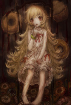 1girl absurdres barefoot blonde_hair blood blood_on_arm blood_on_clothes blood_on_hands blood_on_leg bracelet brown_eyes chair chinese_commentary commentary_request donut dress fangs flipped_hair food full_body hair_flaps hand_to_own_mouth hand_up hezaizhou highres jewelry long_hair looking_up monogatari_(series) on_chair open_mouth oshino_shinobu pointy_ears red_ribbon ribbon sitting solo sundress very_long_hair white_dress