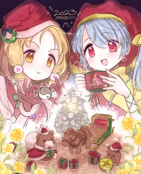 2023 2girls :&gt; :d biyon blonde_hair blue_hair blush box christmas closed_mouth commentary_request cup flower fur-trimmed_gloves fur_trim gift gift_box gloves haniyasushin_keiki hat headscarf holding holding_cup multiple_girls open_mouth red_eyes red_gloves red_hat red_headscarf santa_costume santa_hat short_hair smile tamatsukuri_misumaru touhou upper_body yellow_eyes yellow_flower yin_yang