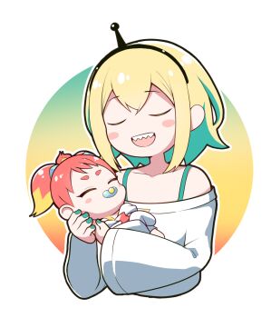 2girls :d aged_down amano_pikamee aqua_nails baby baby_carry black_hairband blonde_hair blush_stickers carrying closed_eyes commentary cropped_torso hairband hikasa_tomoshika long_sleeves multiple_girls off-shoulder_shirt off_shoulder onpa_(onpa_sound) open_mouth pacifier red_hair sharp_teeth shirt short_hair smile teeth thick_eyebrows virtual_youtuber voms white_shirt wide_sleeves